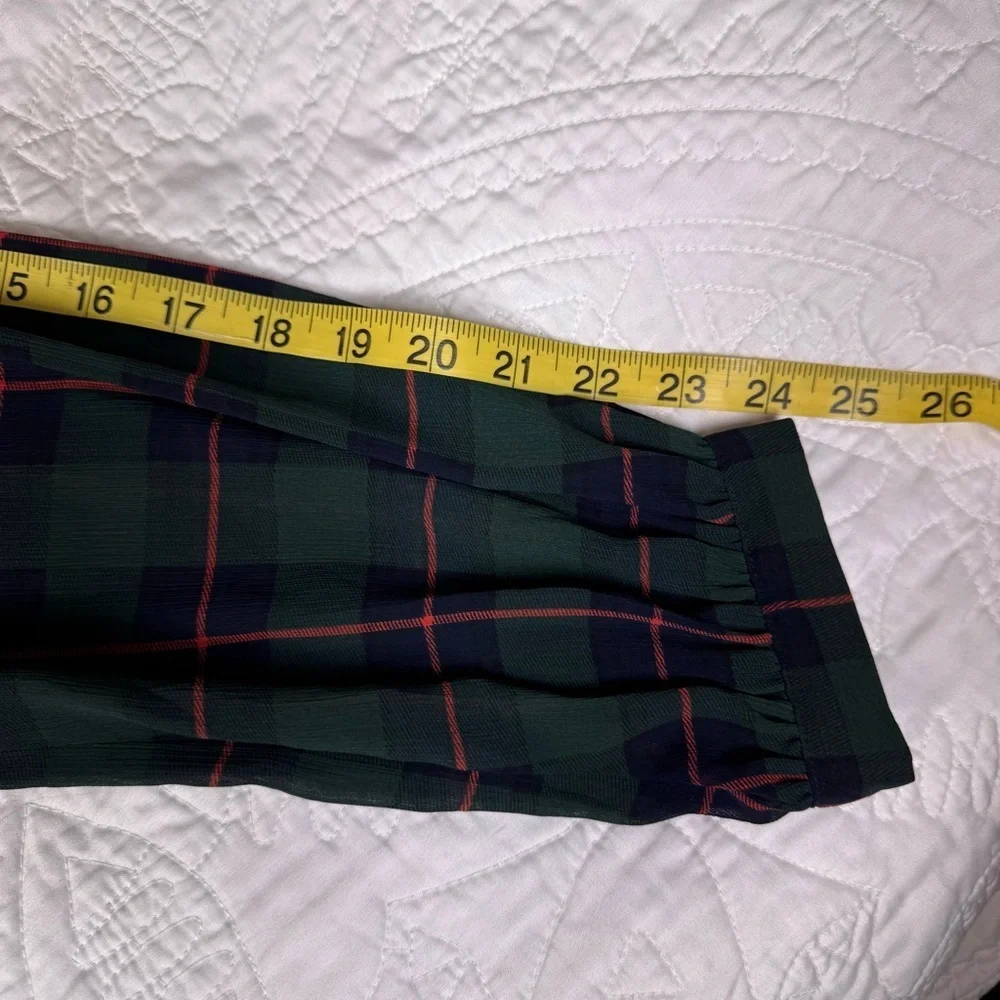J.Crew Tartan Plaid Tiered Dress XL Green Blue Ruffle Tie Neck Long Sleeve
